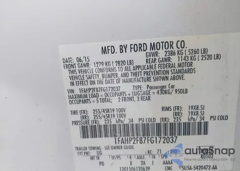 2015 Ford Taurus Limited из США, поврежденный, VIN 1FAHP2F87FG172037